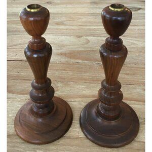 Pair of Fitzhugh Solid Turned Walnut Candle Sticks Holders Tapered Mid Century